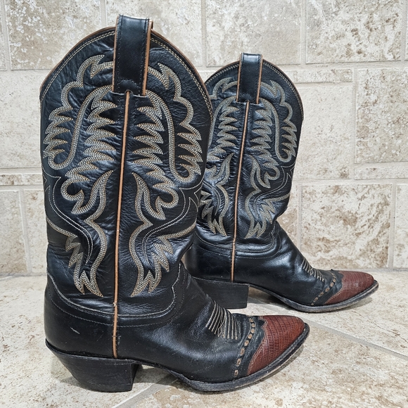 Justin Cowboy Boots Women’s 6B Black Leather Western Rodeo Pointed Toe USA VTG - Picture 1 of 7